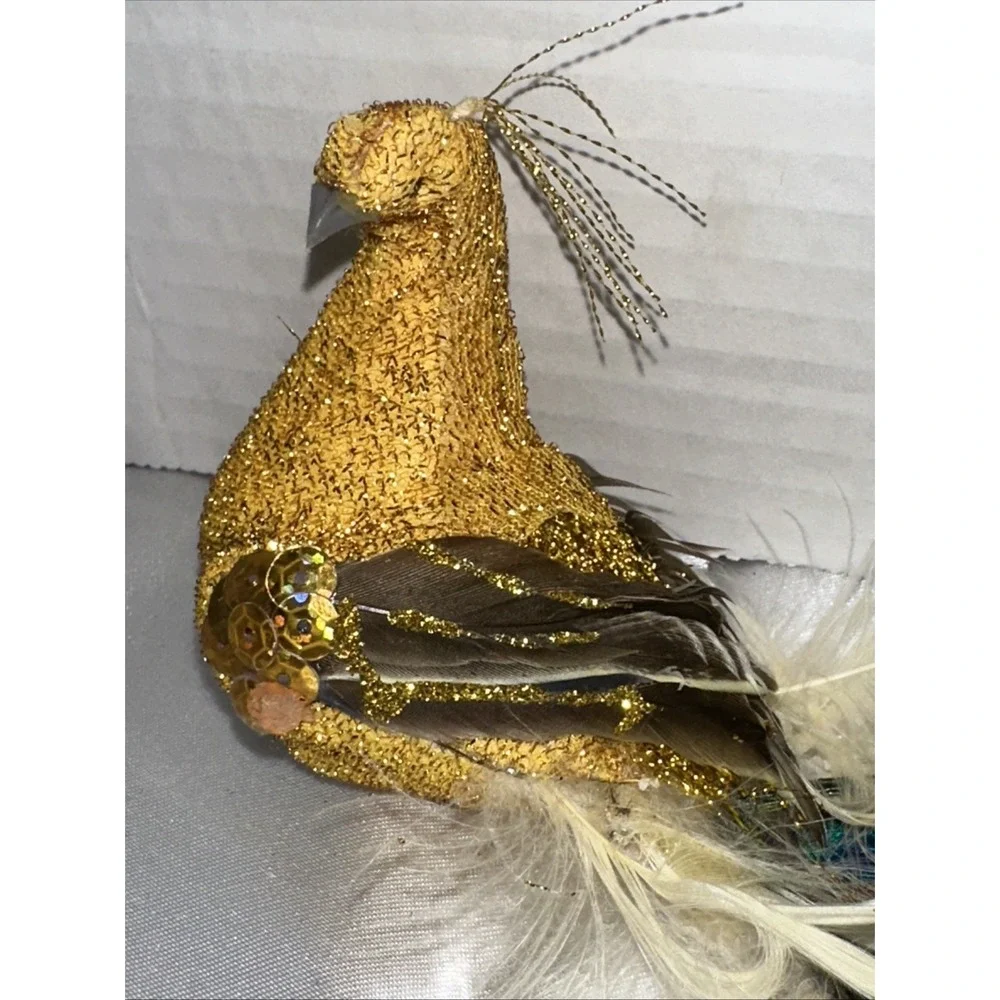 Vtg Pier One Gold Peacock Clip On Ornament Embellished Feathered Vintage Used